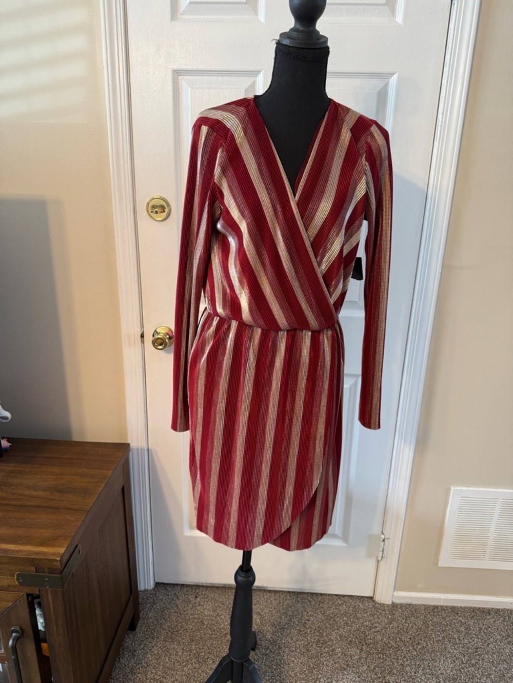 Lulu's Red and Gold Striped Faux-Wrap Long-Sleeve Dress
